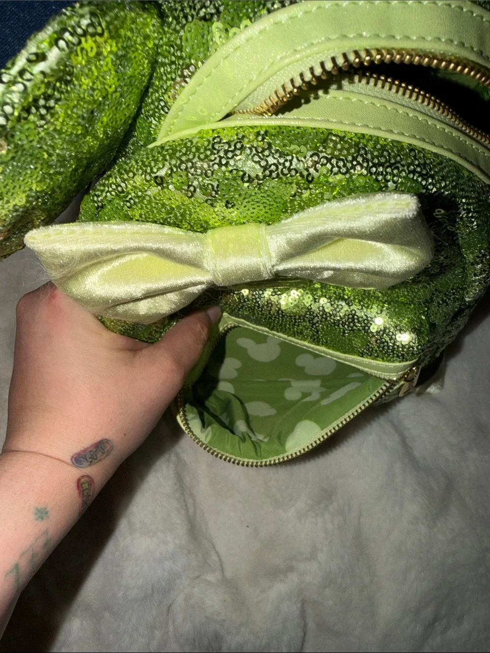 Loungefly Green Sequin Minnie Ear Mini Backpack with Pale Green Bow